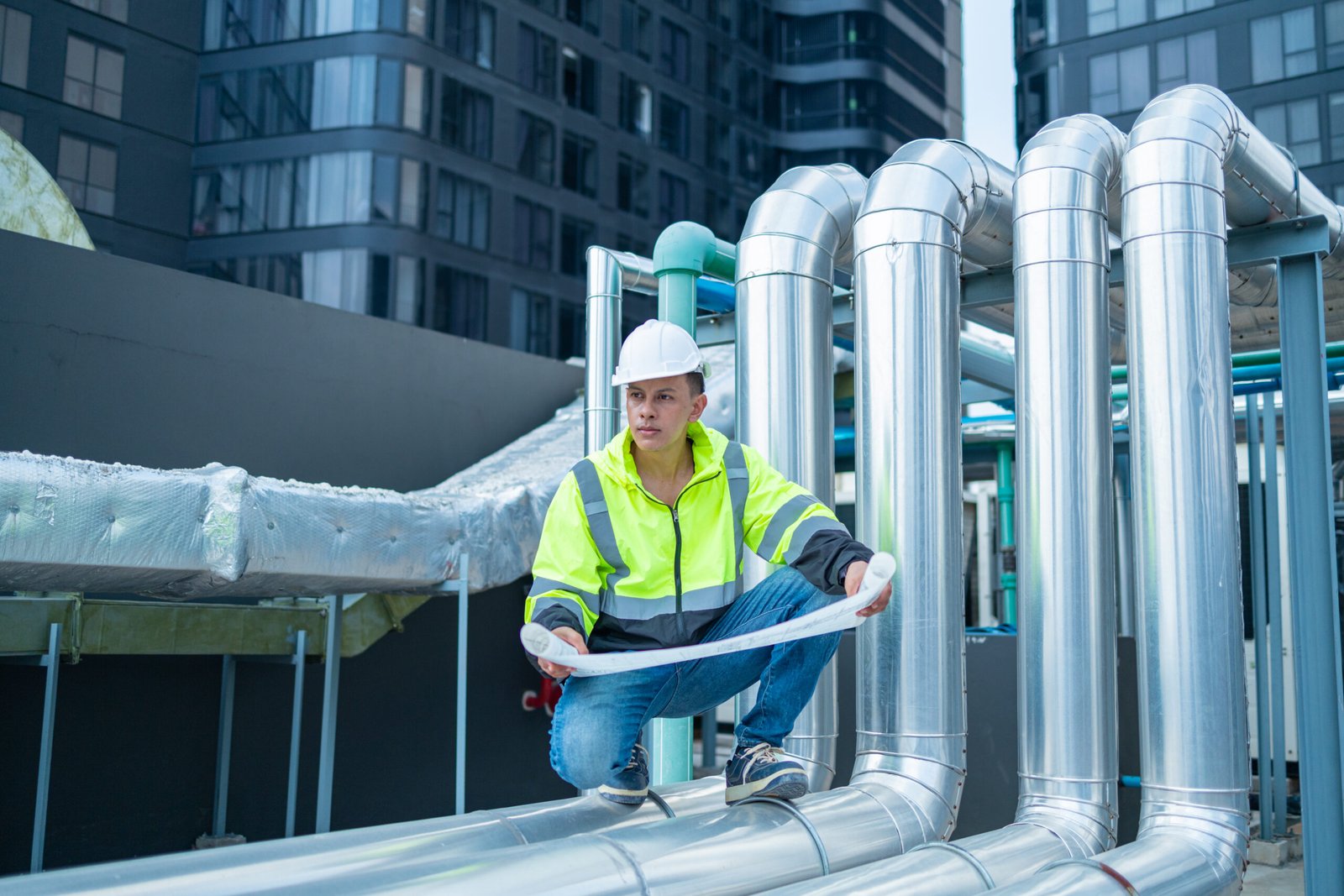 A focused engineer crouches down to carefully examine blueprints at a mechanical plant, surrounded by metallic ductwork.