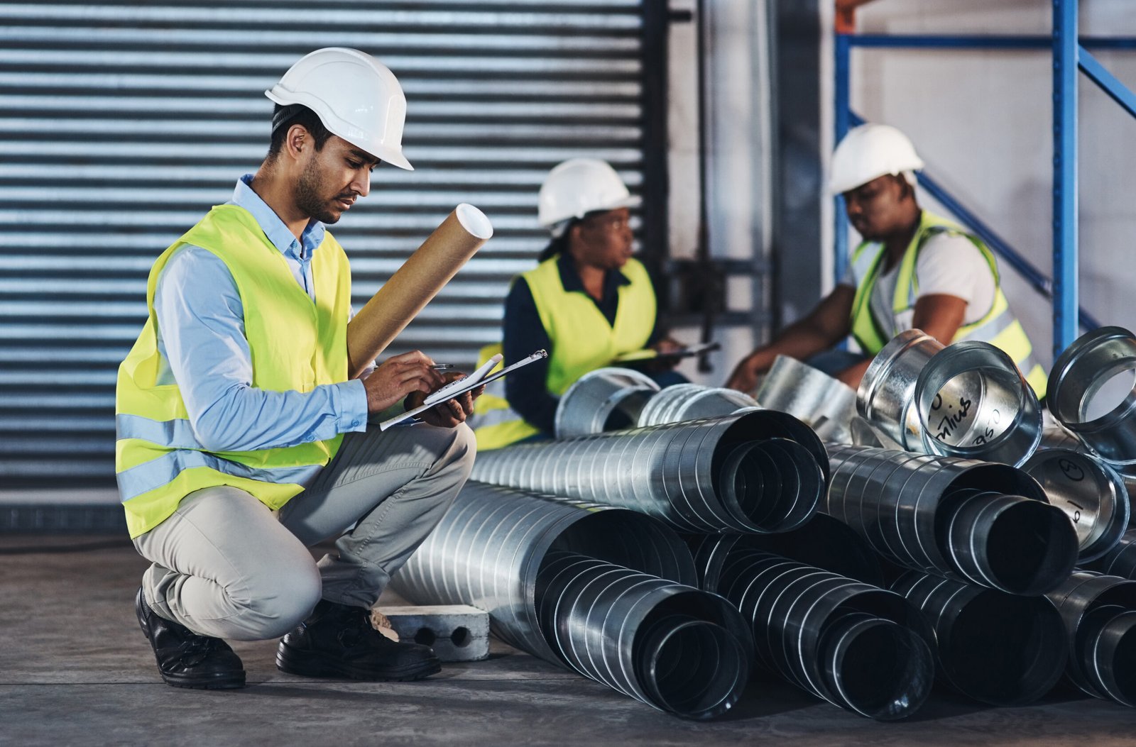 Shot of a handsome young contractor crouching down and doing a stock-take in the warehouse.